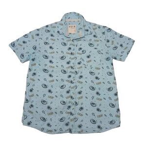 VSTR Men's Large Shirt Eyes Lucky All Over Button‎ Up Short Sleeve 100% Cotton